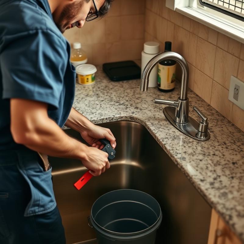 Profissional desentupindo pia de cozinha